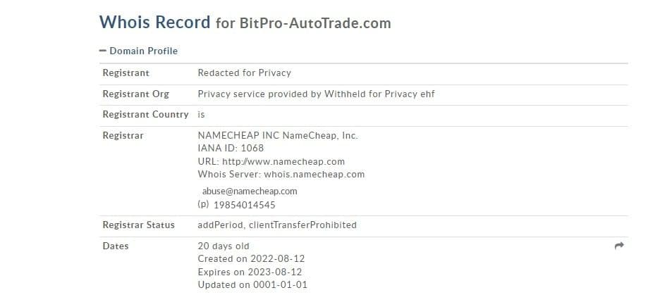 Данные о сайте Bitpro Autotrade